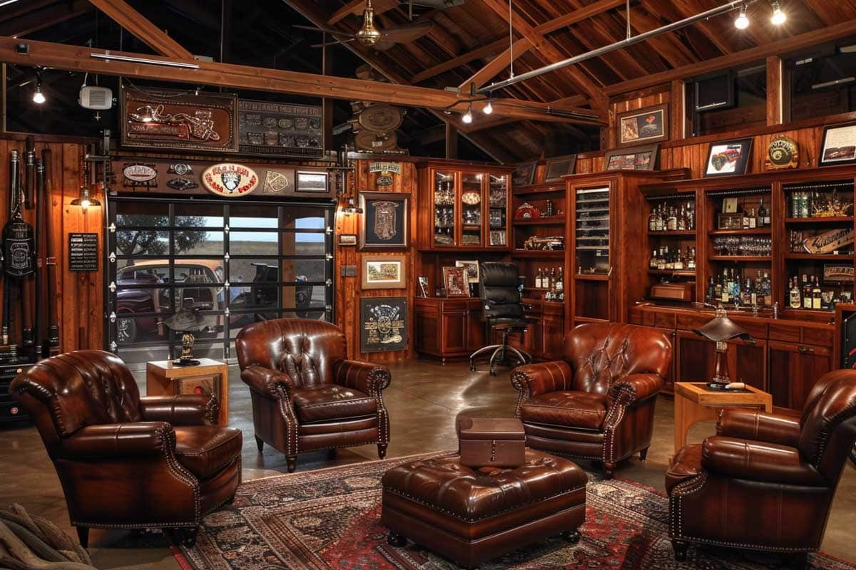 cigar lounge with rich leather armchairs and stained wood