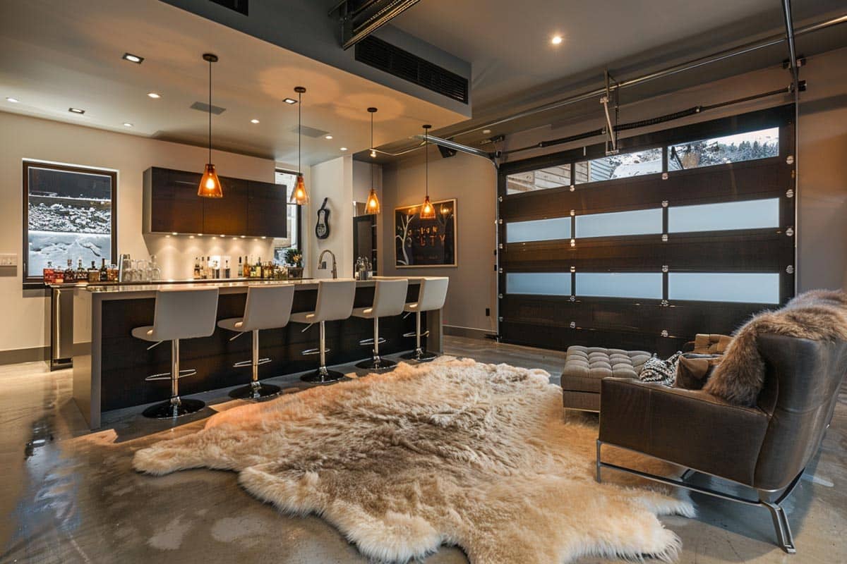 Luxury finished garage with large bar, pendant lighting and faux fur rug