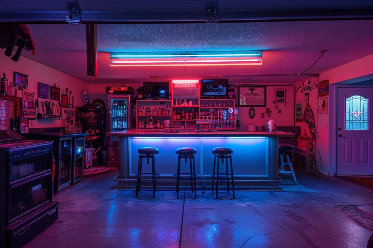 Neon bar inside a garage
