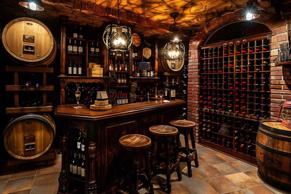 Rustic wood bar with wine collection in garage