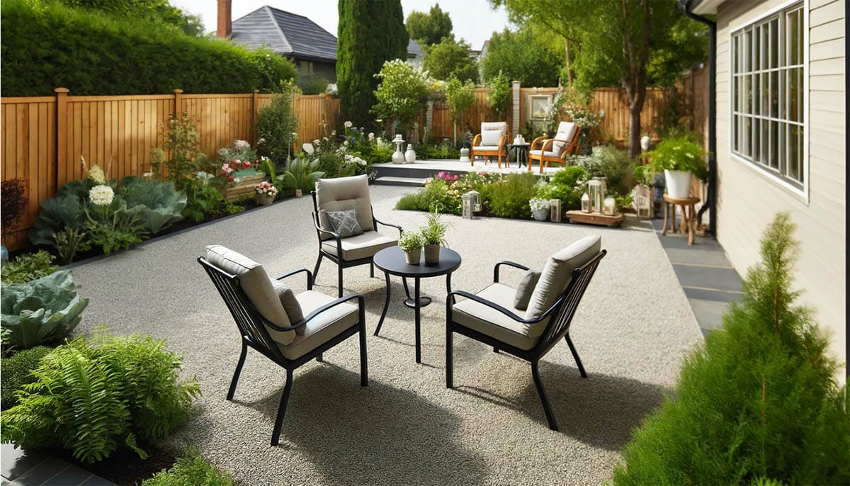Gravel backyard patio with sitting area illustration
