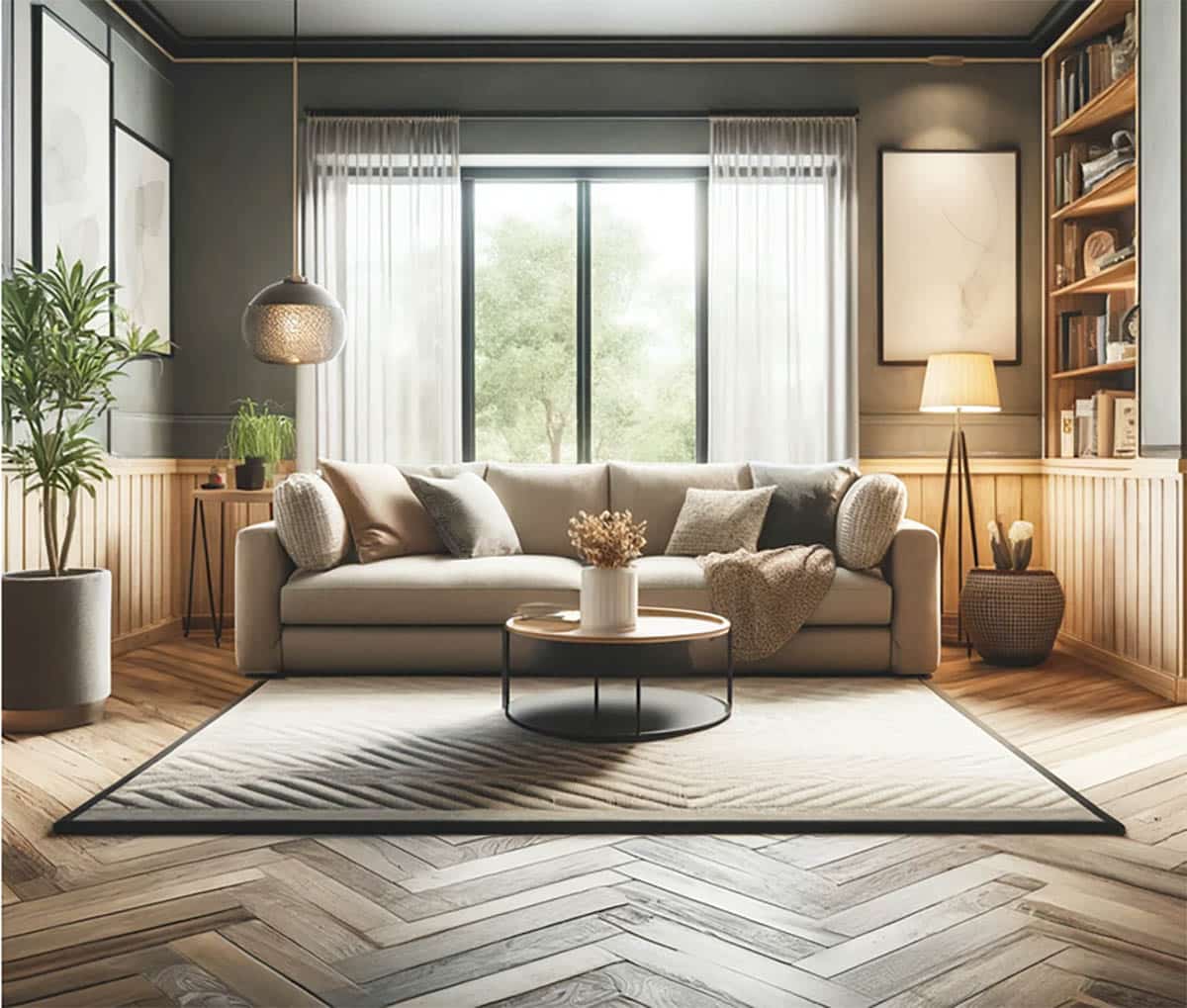 Hardwood plank flooring in modern living room