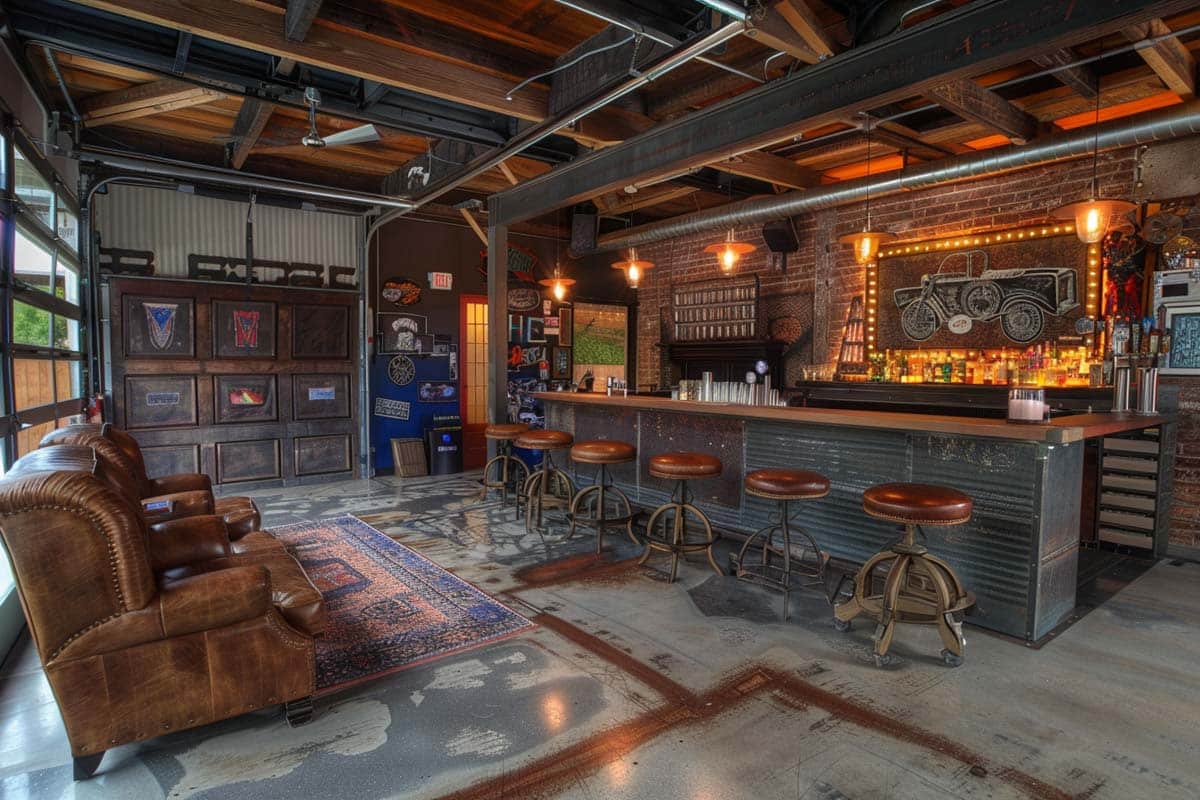 Industrial style bar with concrete flooring in garage