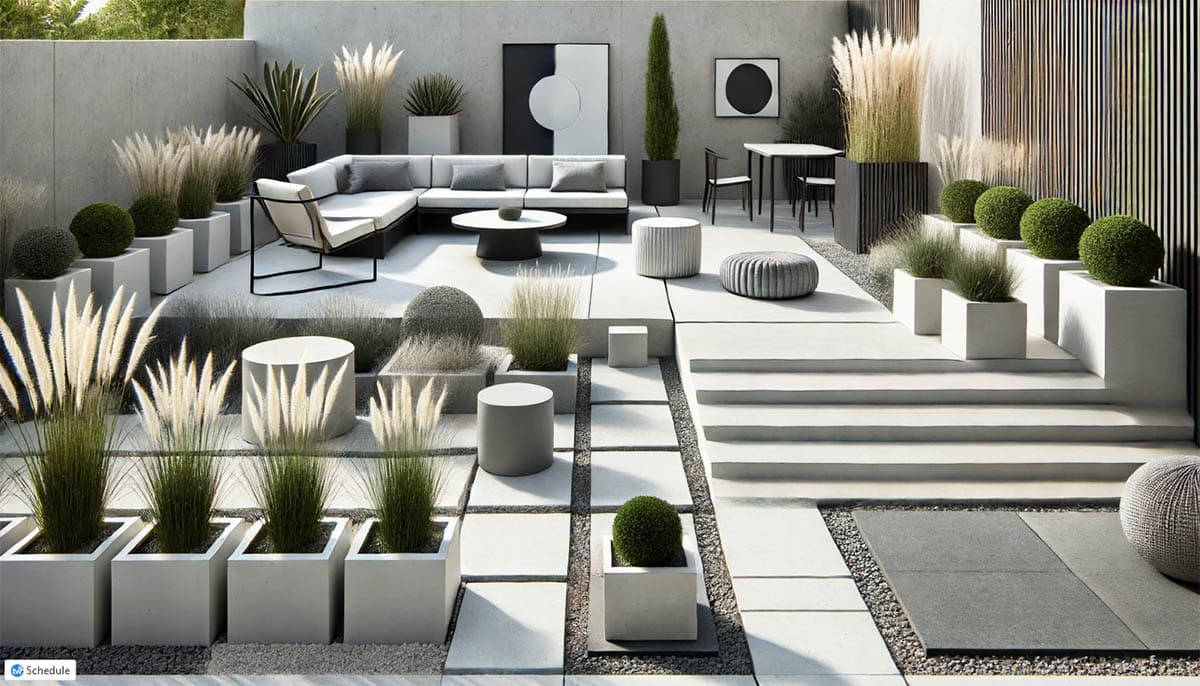 Modern landscaping style with concrete patio and planters