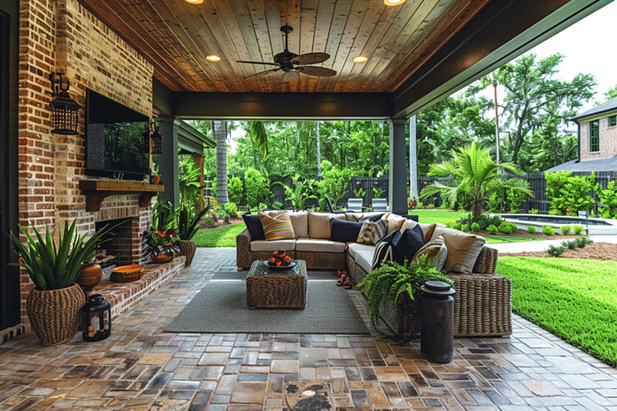 Sectional sofa on patio with fan and outdoor tv