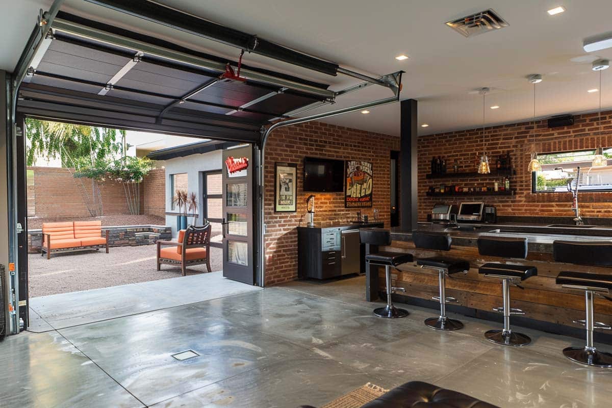 Stylish garage bar with leather bar stools with brick walls