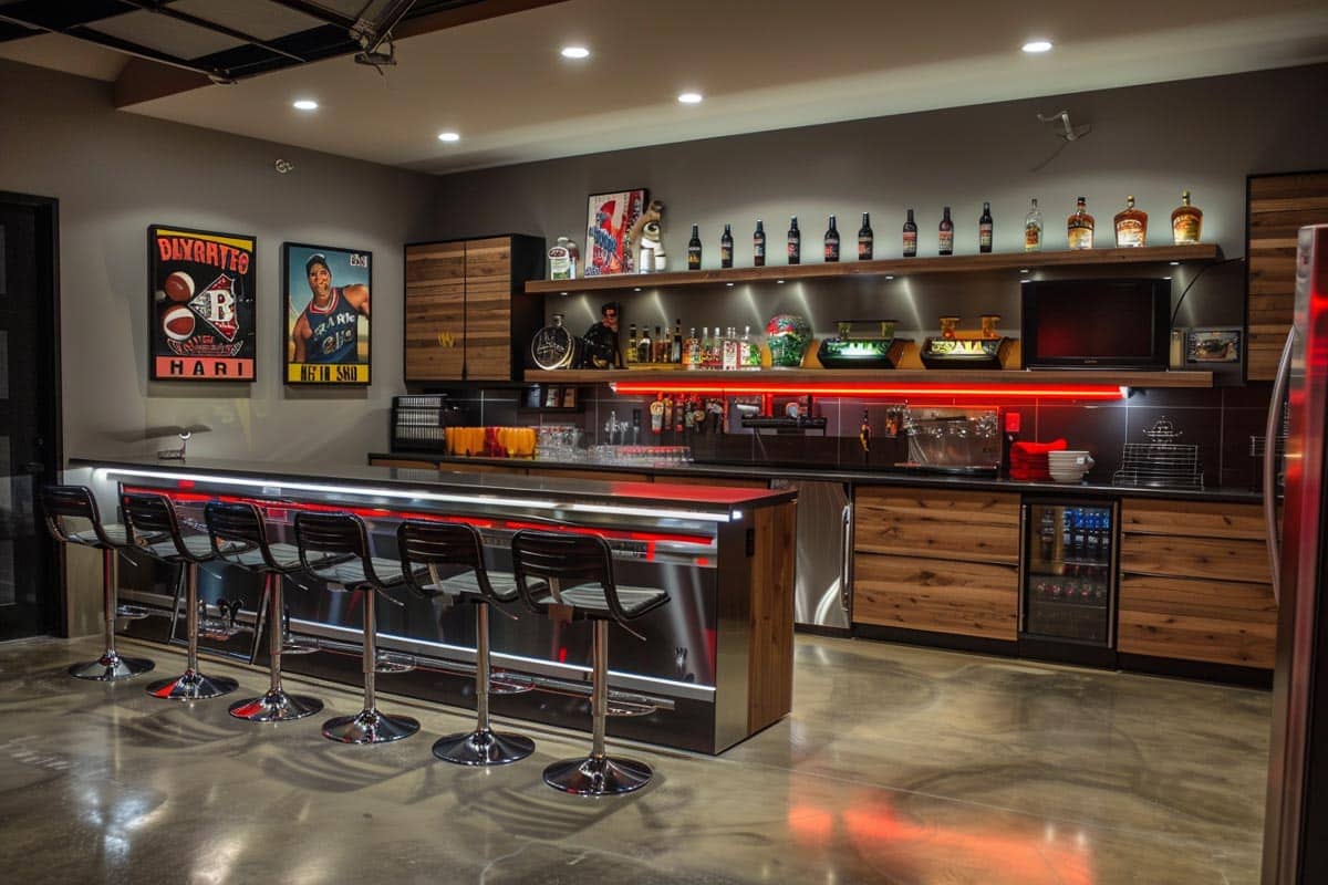 Sports themed bar in the garage with neon cabinet lights