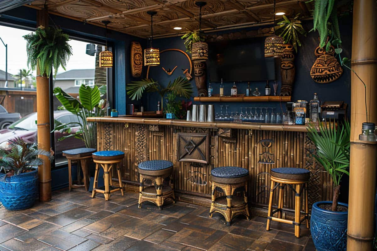 Tiki bar with bamboo decor in garage