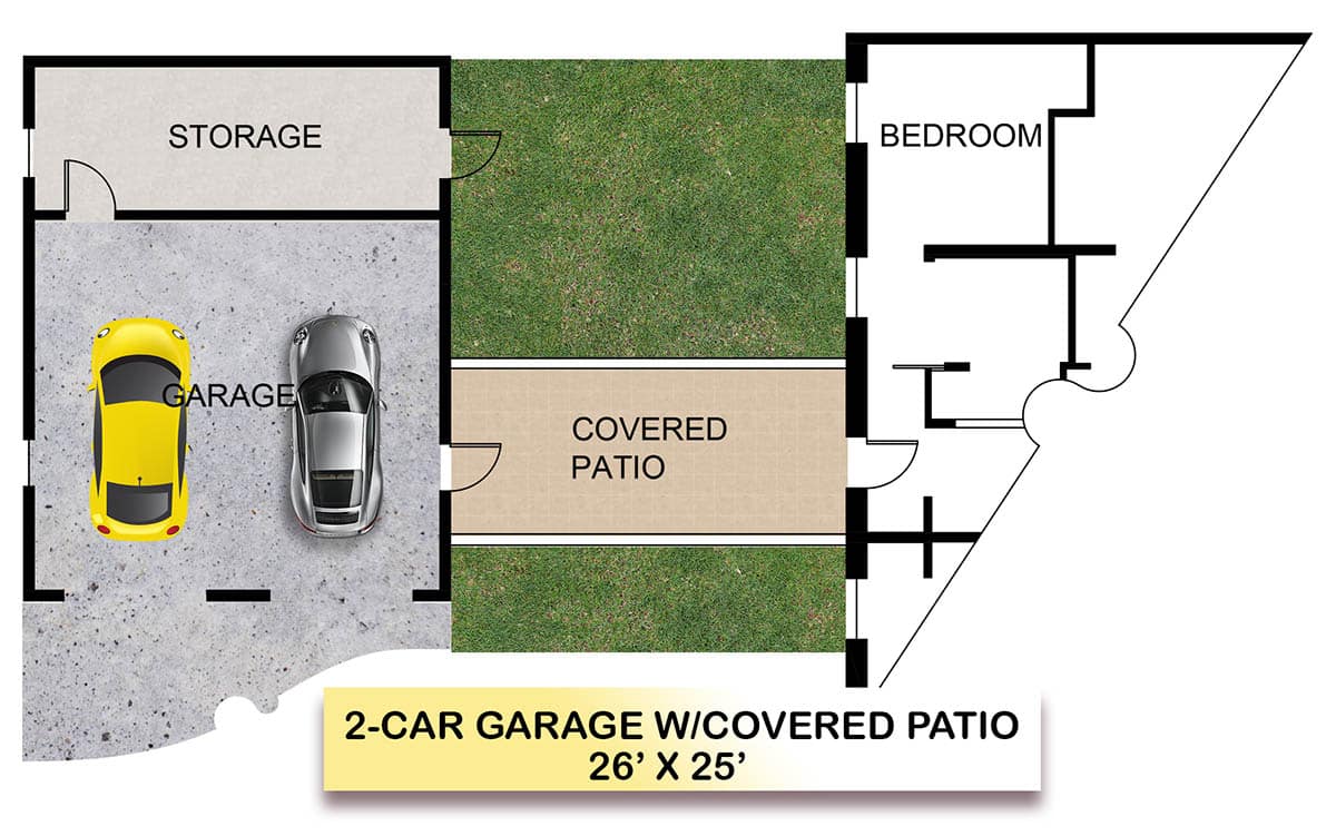 Garage for two vehicles with storage area and opening to covered patio