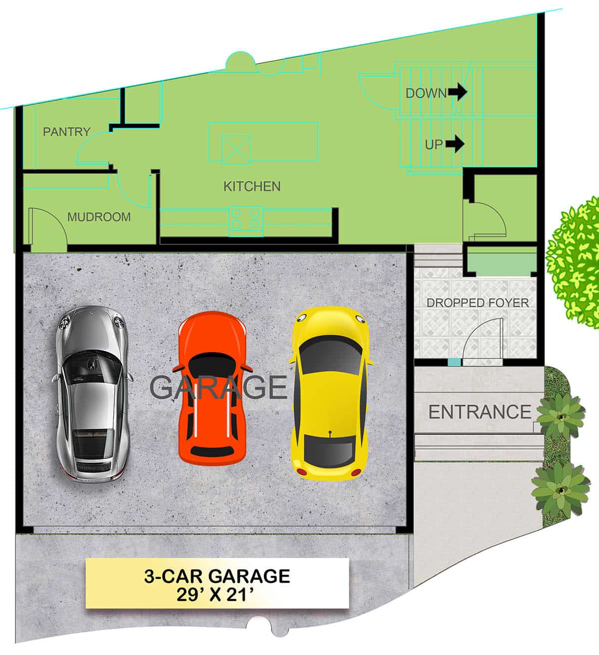 Garage that has three vehicle bays in a row