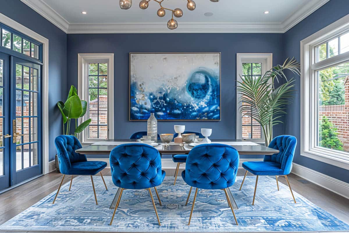 Dining area painted in a blue and white color