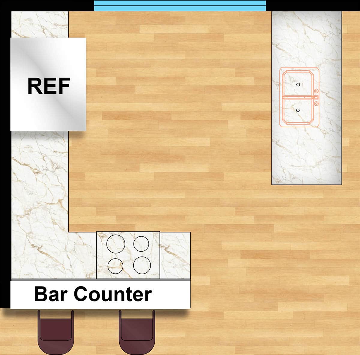 Broken layout model for a peninsula kitchen with bar seating