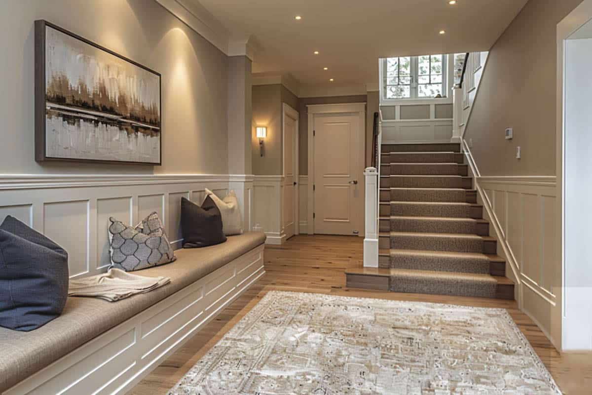 Contemporary entryway with built-in bench seating and area rug leading to stairs