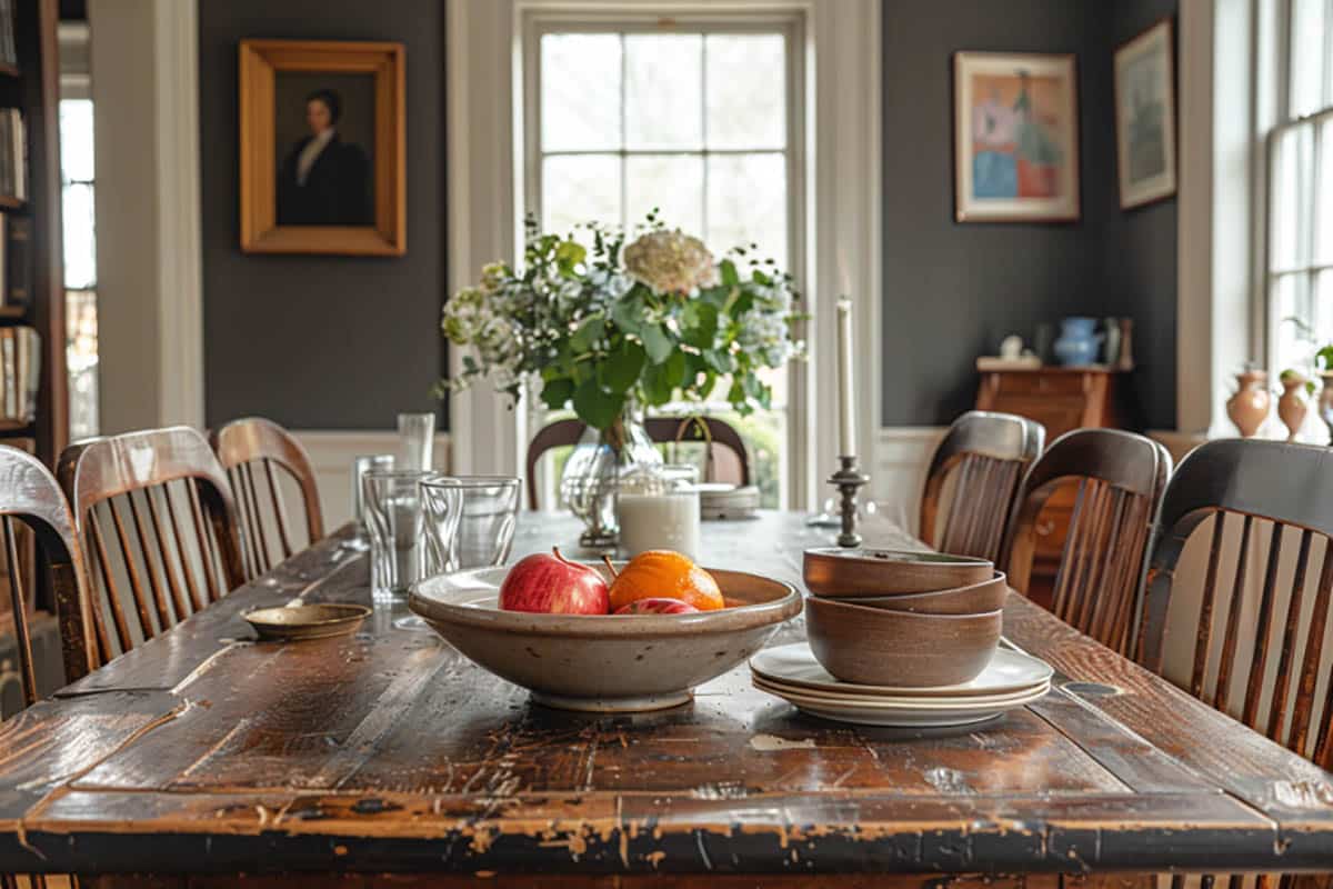 Dark gray painted dining space with rustic table