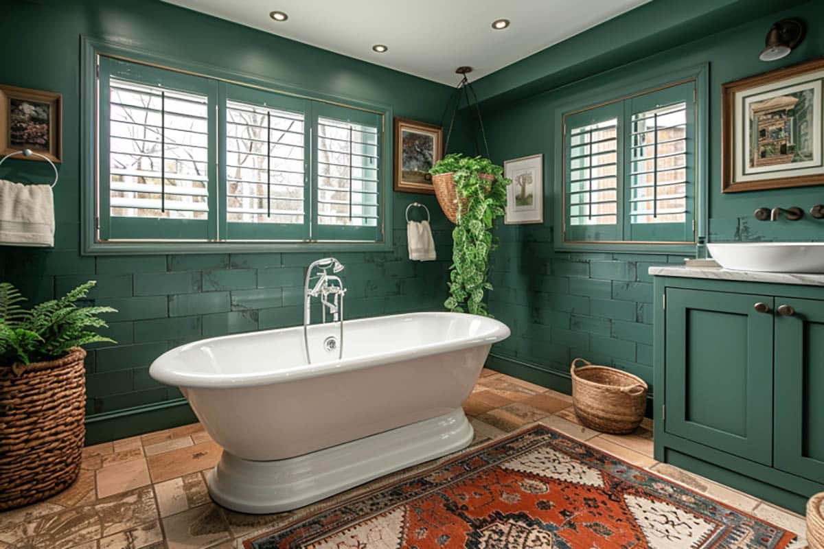 Green bathroom color with freestanding tub