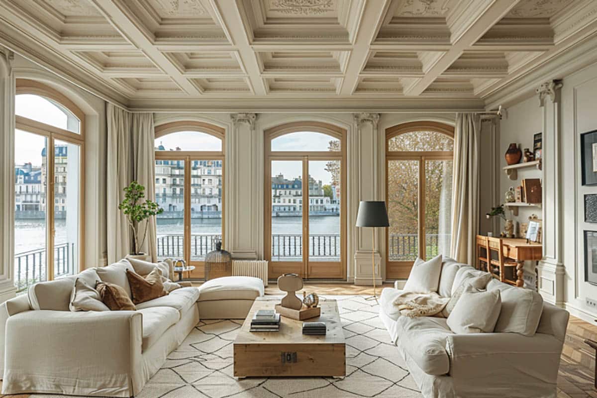 Elegant room with molding around ceilings and coffered feature