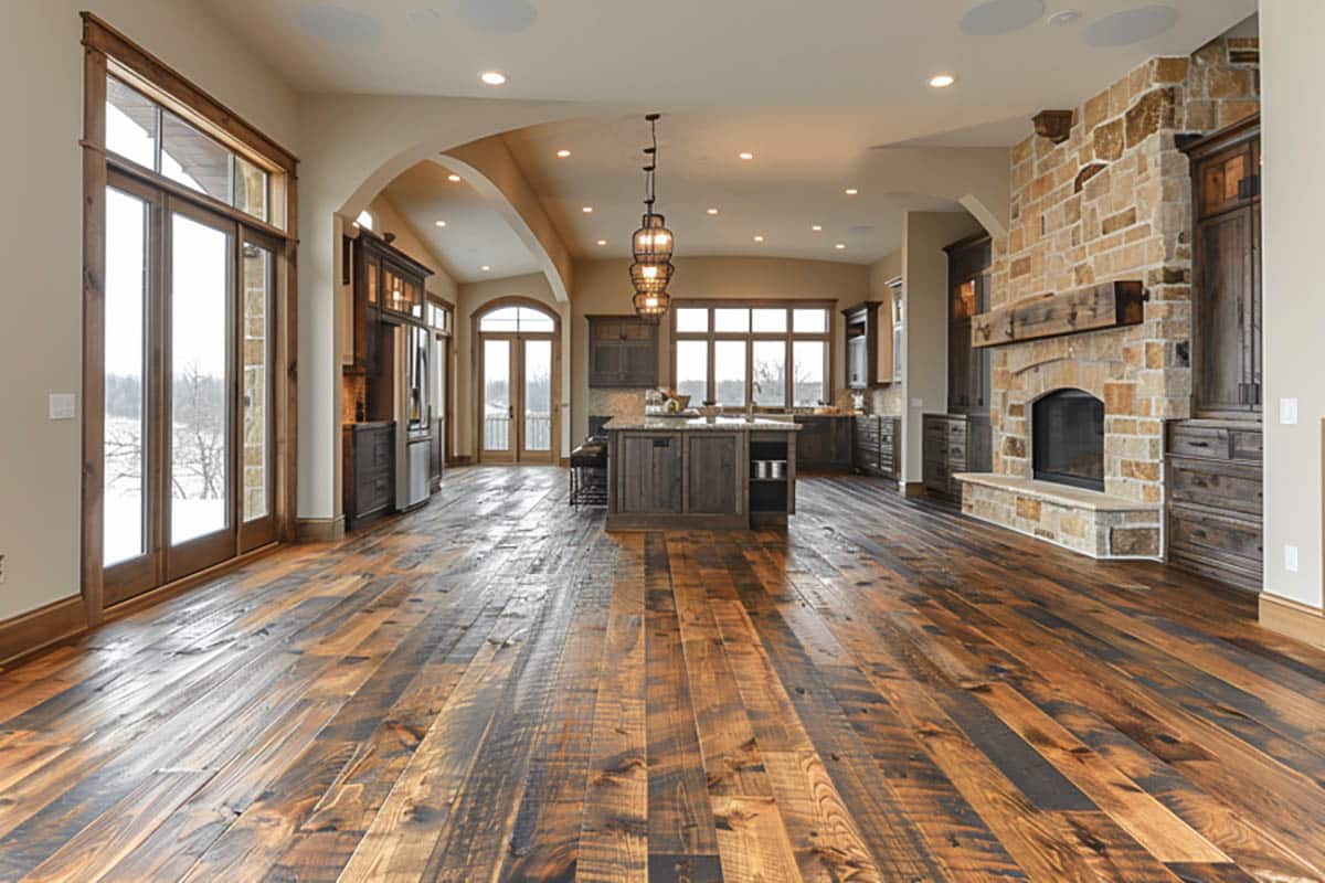 Floating wood floor in open concept living room and kitchen