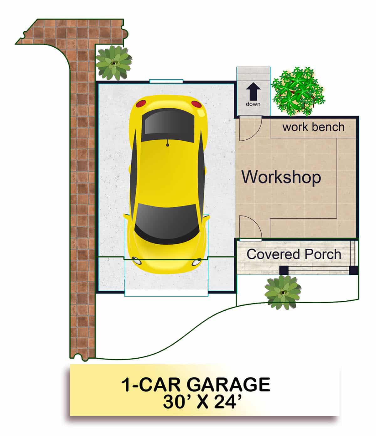 Single car entry garage plan with built-in workshop