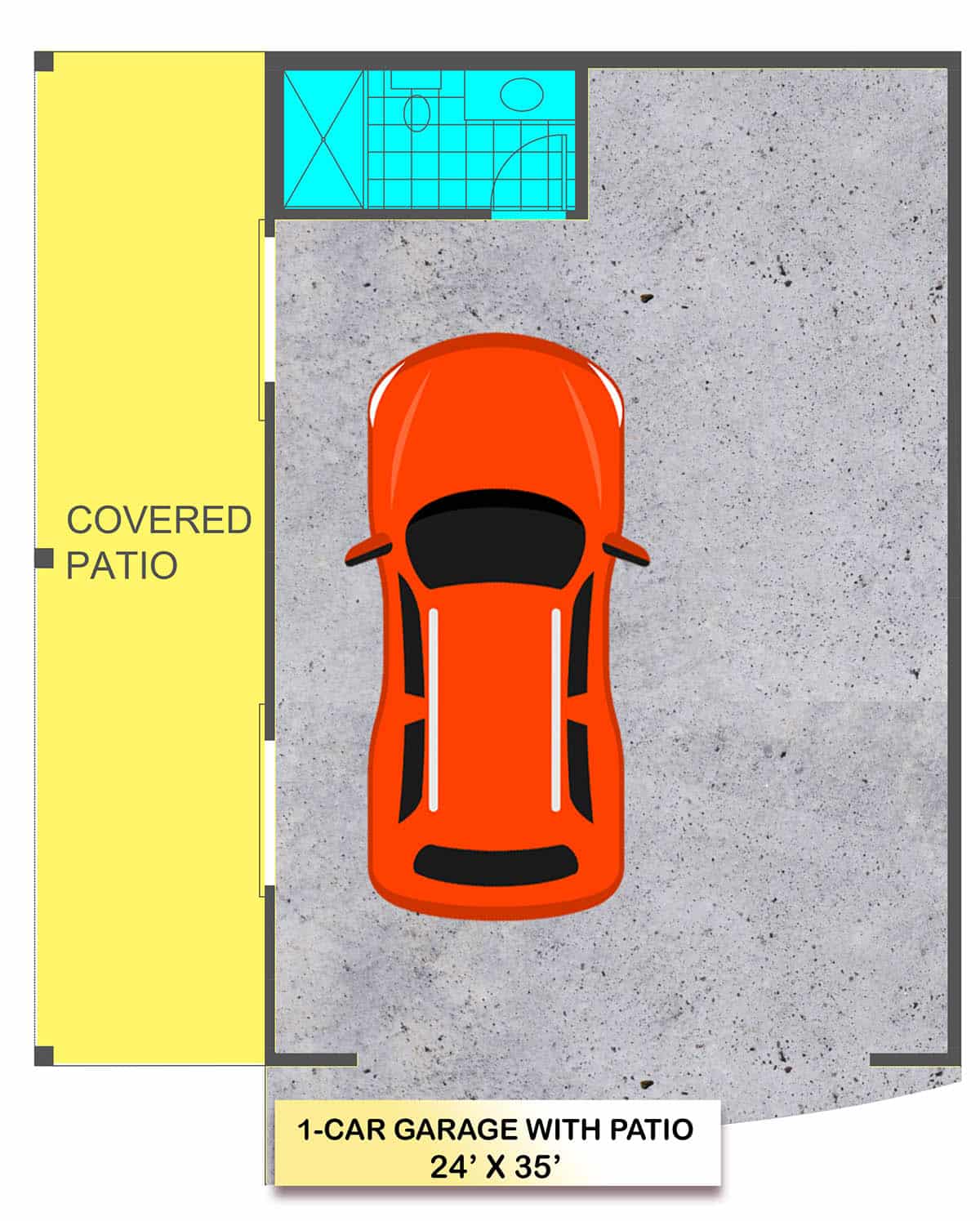 1 car garage layout with covered patio