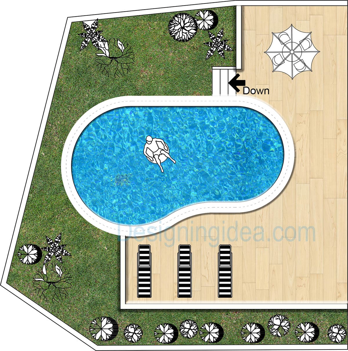 Kidney-shaped pool with lawn and outdoor dining