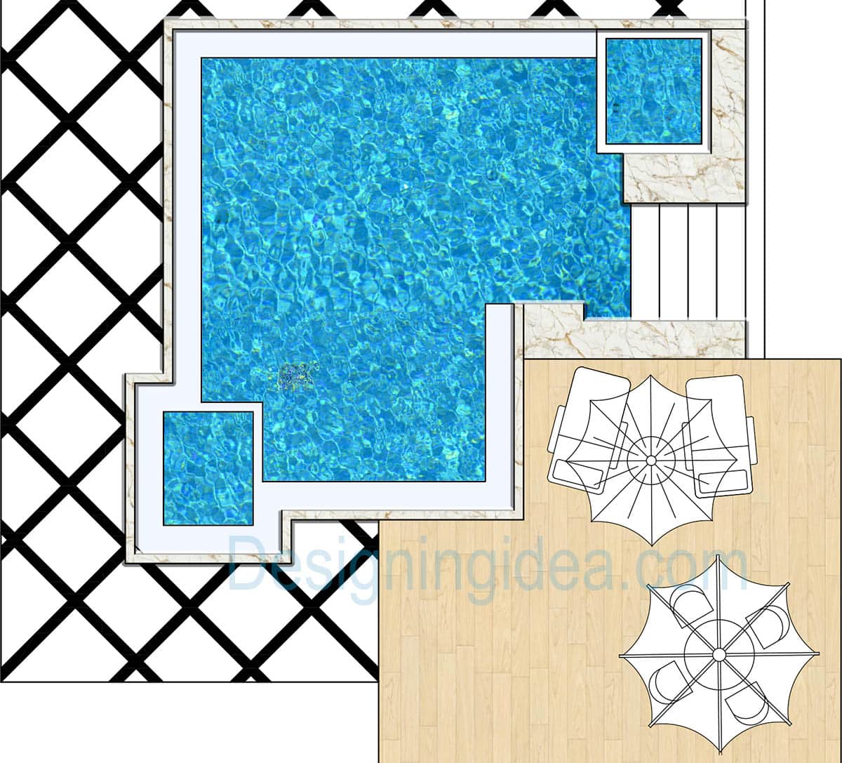 L-shaped pool design with raised deck