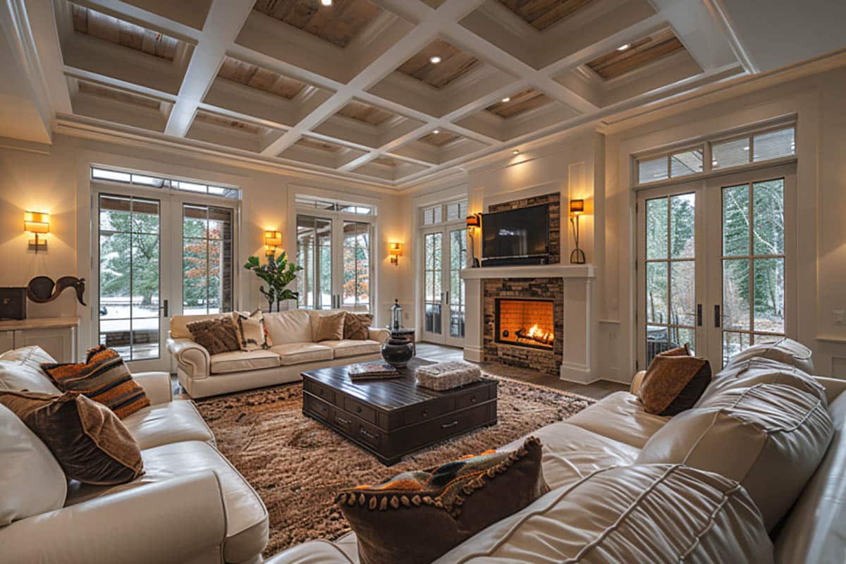 Decorated room with coffered ceiling with recessed lighting