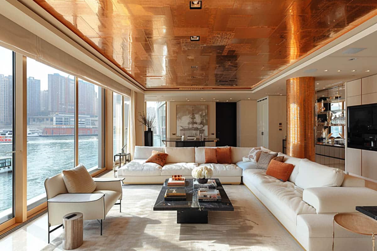 Stylish room with metallic copper panels on ceiling and water views