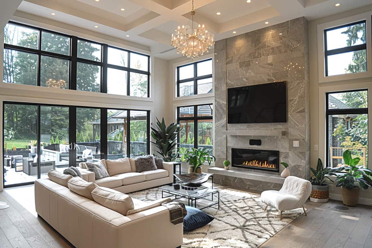 Luxury room with crystal chandelier and tile fireplace with flat screen TV