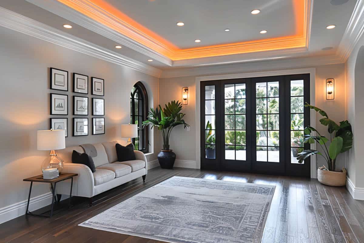 Modern entry with lighted tray ceiling, french doors, sofa and picture gallery wall