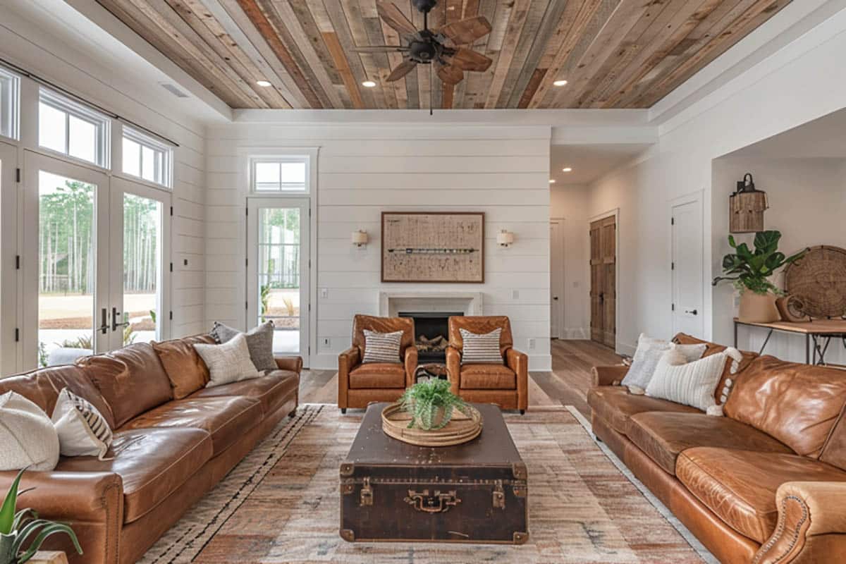 Modern farmhouse sitting oom with natural shiplap ceiling