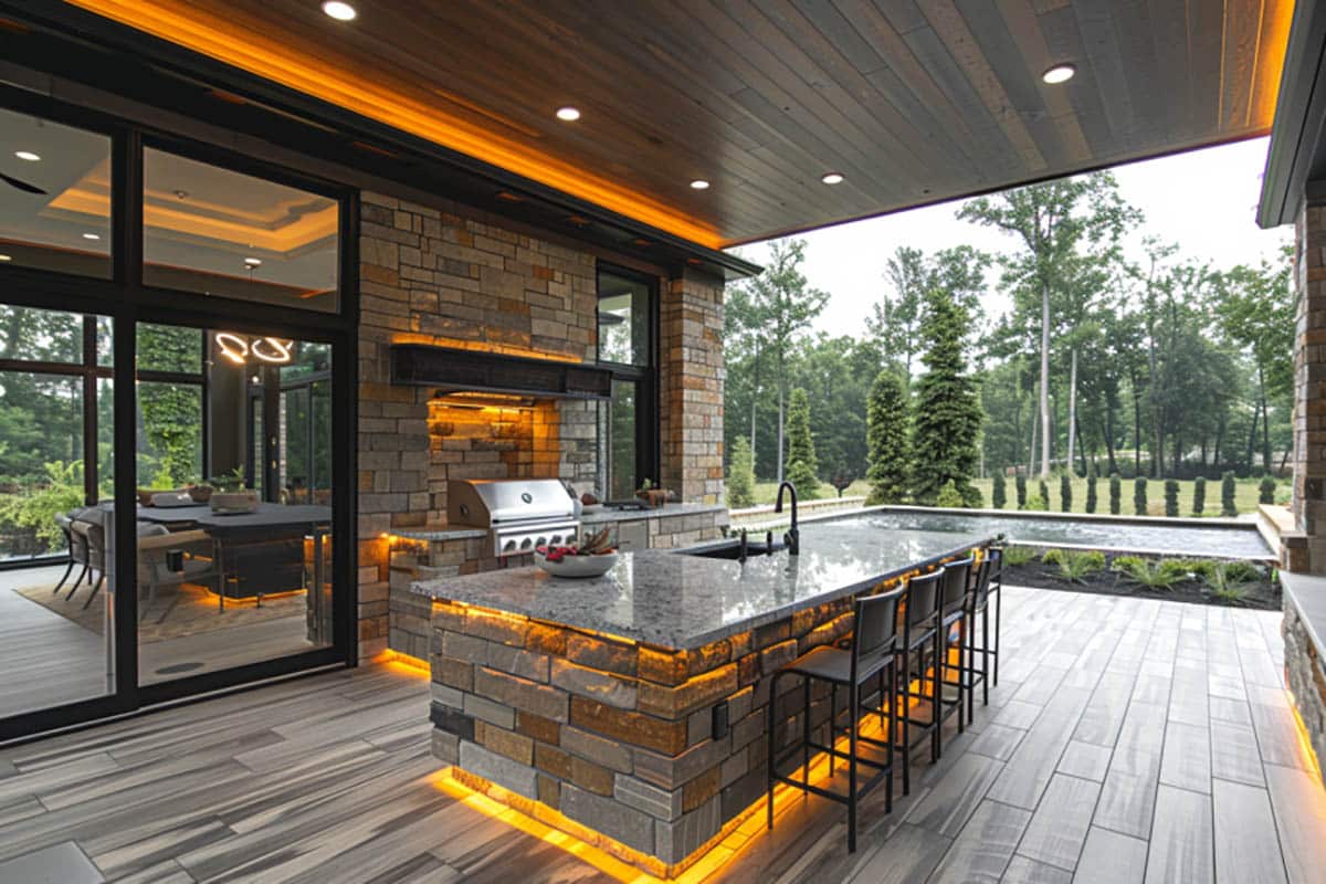 Outdoor kitchen with lighted granite island with sink and bbq grill