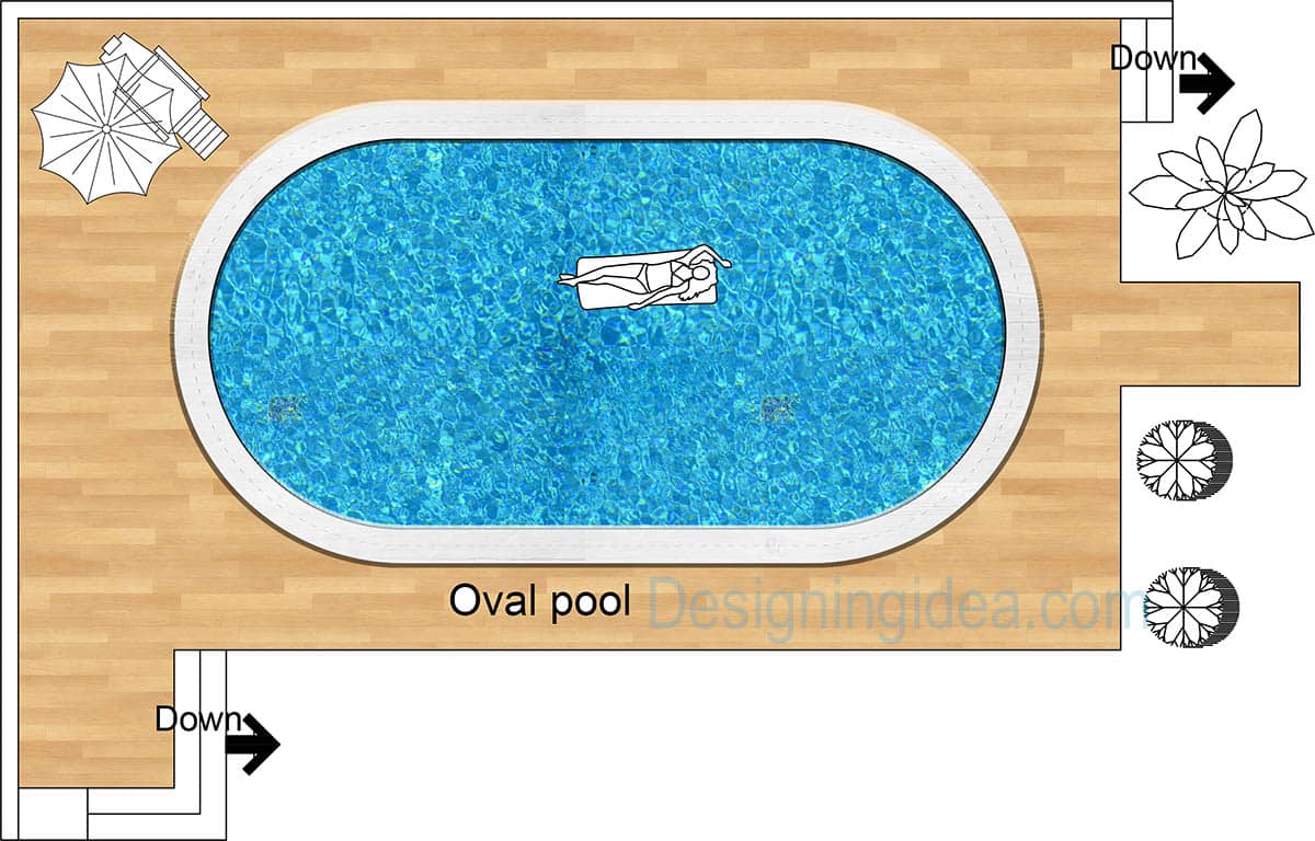 Oval pool with umbrella and lounge