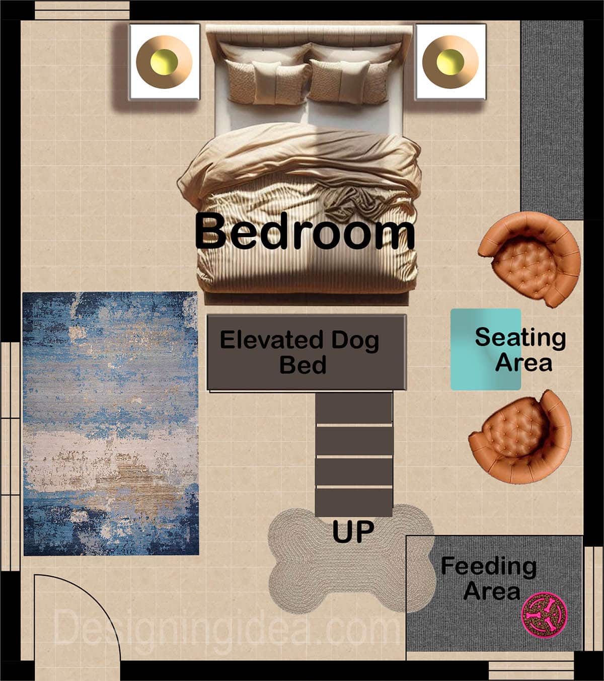 Pet-friendly illustration of bedroom