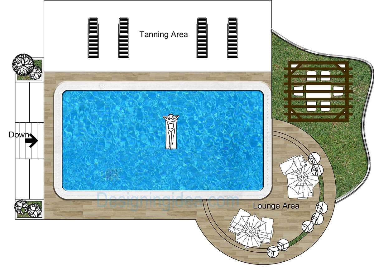 Rectangular pool shape with tanning area and lounge seating