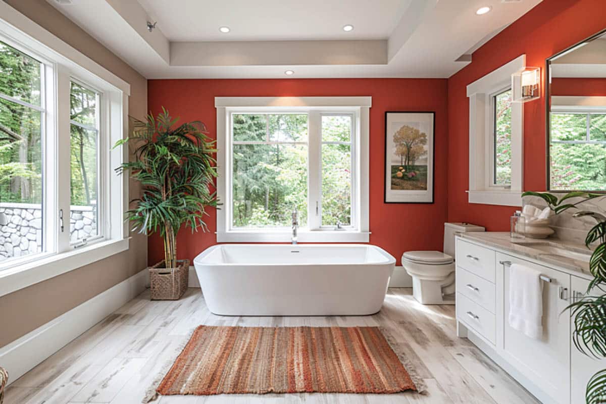 Red painted bathroom with bleached plank floors