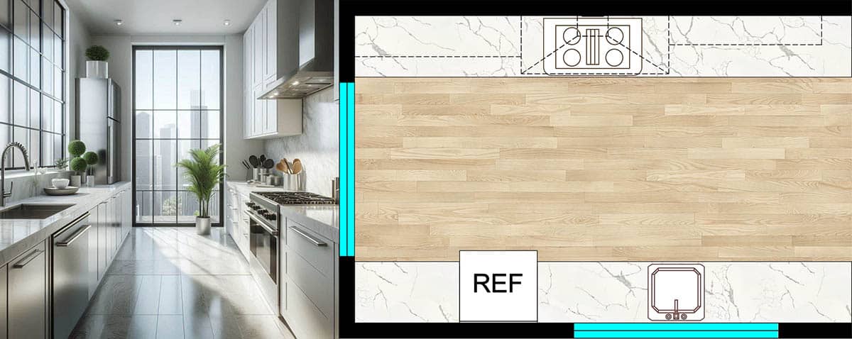 Galley with two row cabinet design 