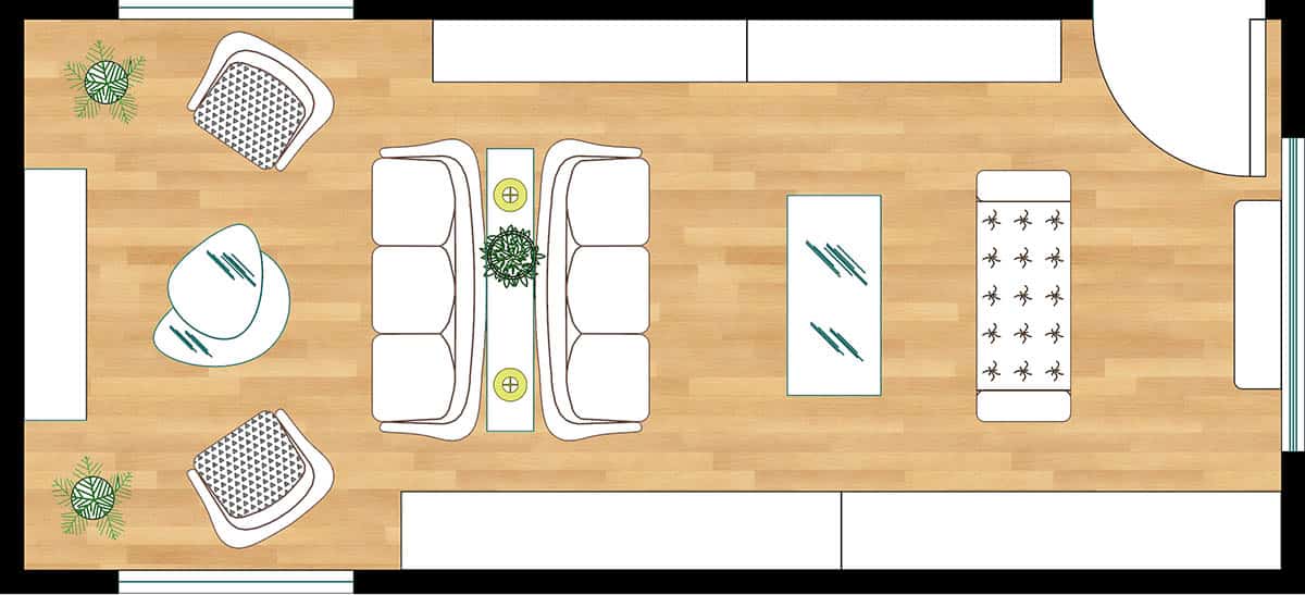 Back to back sofa seating layout