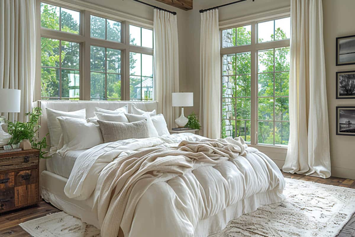 Bedroom featuring relaxing white curtains and linens