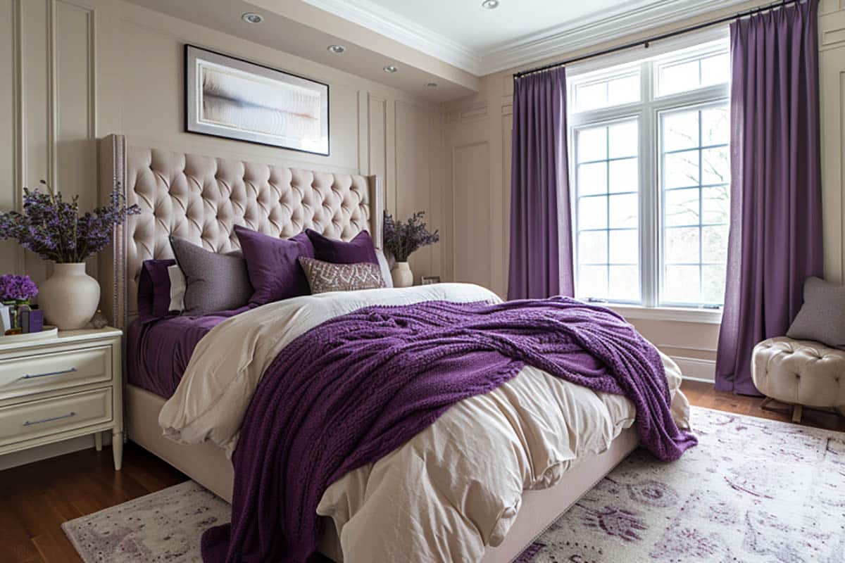 Bedroom with luxurious purple curtains, bedding and cream furnishings