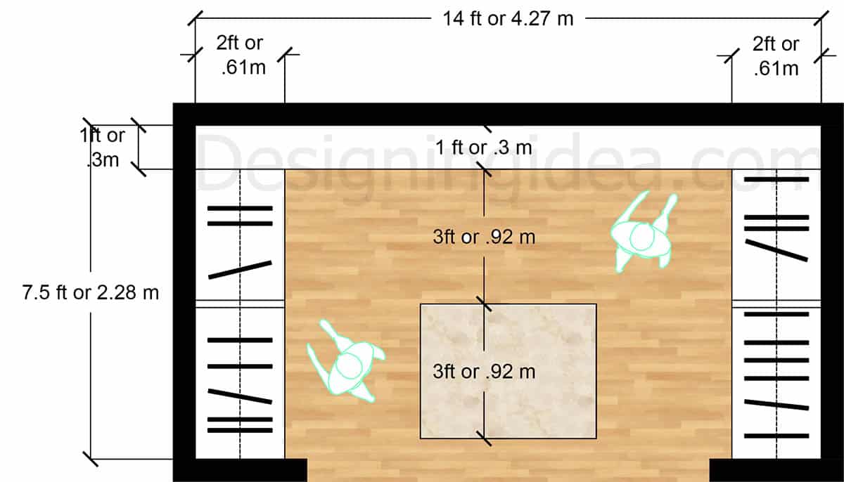 Central closet island layout with clothing racks on both sides