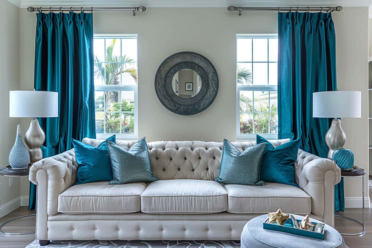 Room with emerald blue curtains