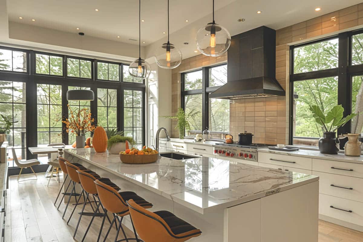 Contemporary kitchen with orange bar stools next to island white cabinetry