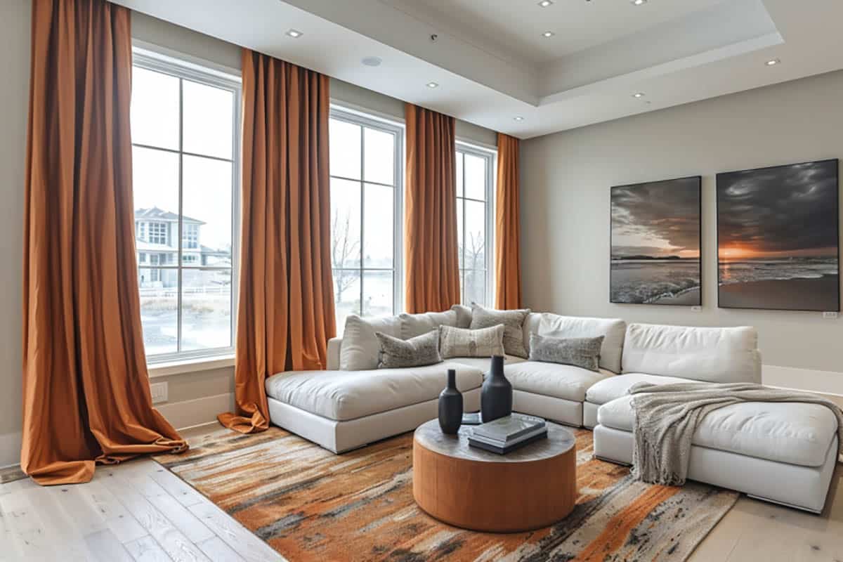 Contemporary living room with neutral color wall and terra cotta curtains