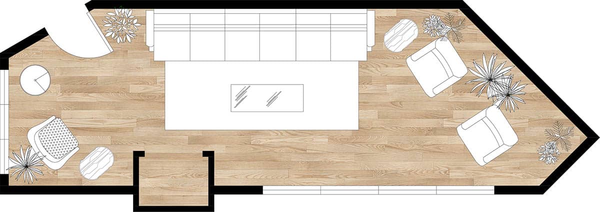 Diagonal room layout with seating