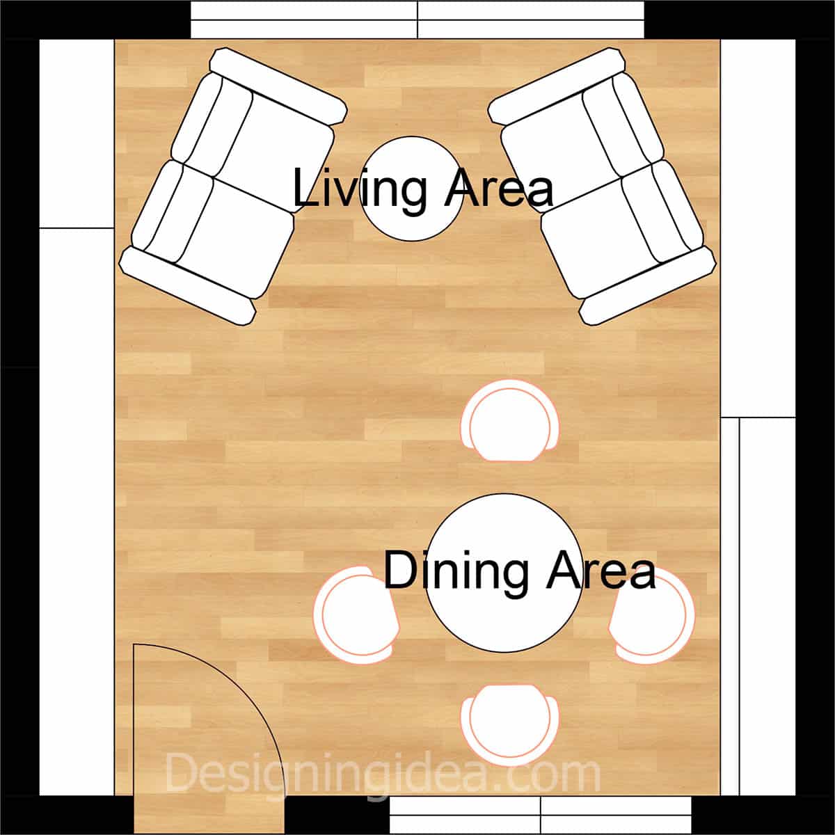 Dining plan with windows and open to living seating area