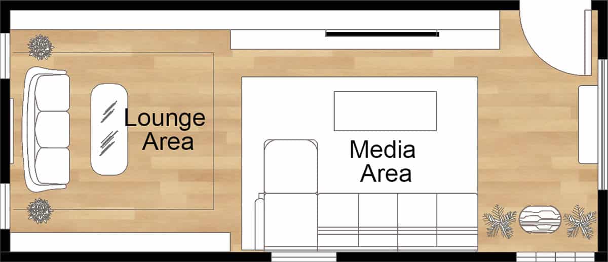 Double seating layout with tv lounge and media area