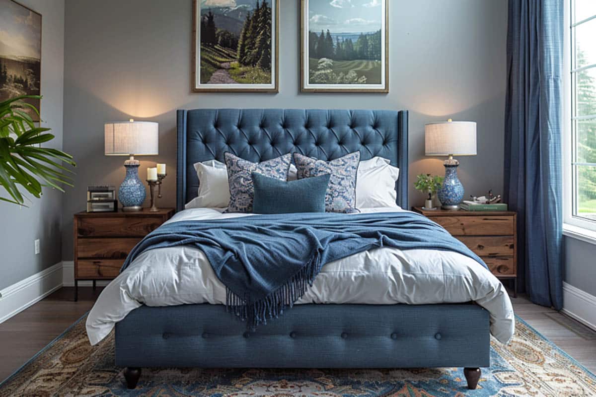 Gray bedroom with blue fabric bed and curtains