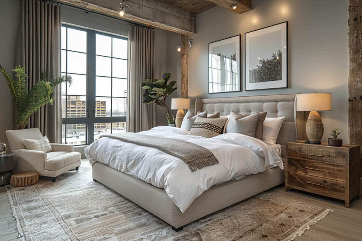 Greige bedroom with wood accents, beige window coverings and bedding