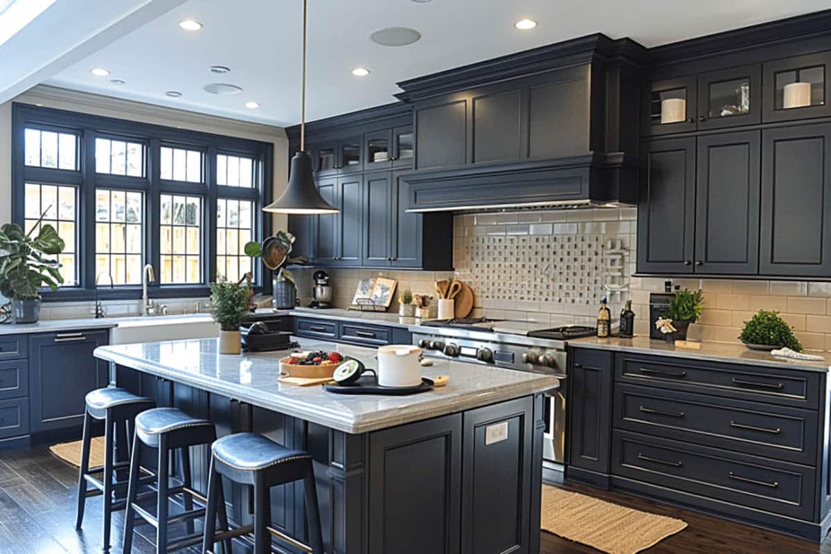 Kitchen with black cabinets and island and quartz counters