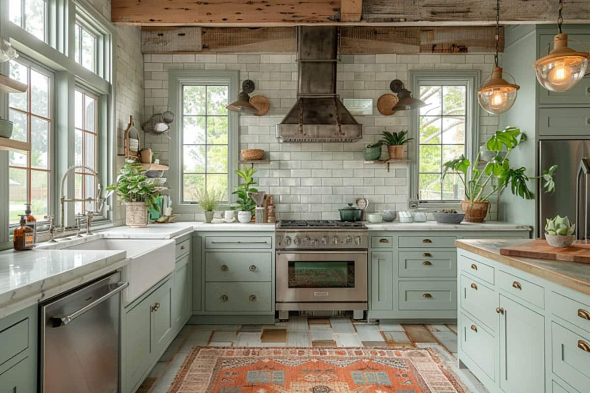 Kitchen with mint green cabinets, white subway tile and cup pull hardware